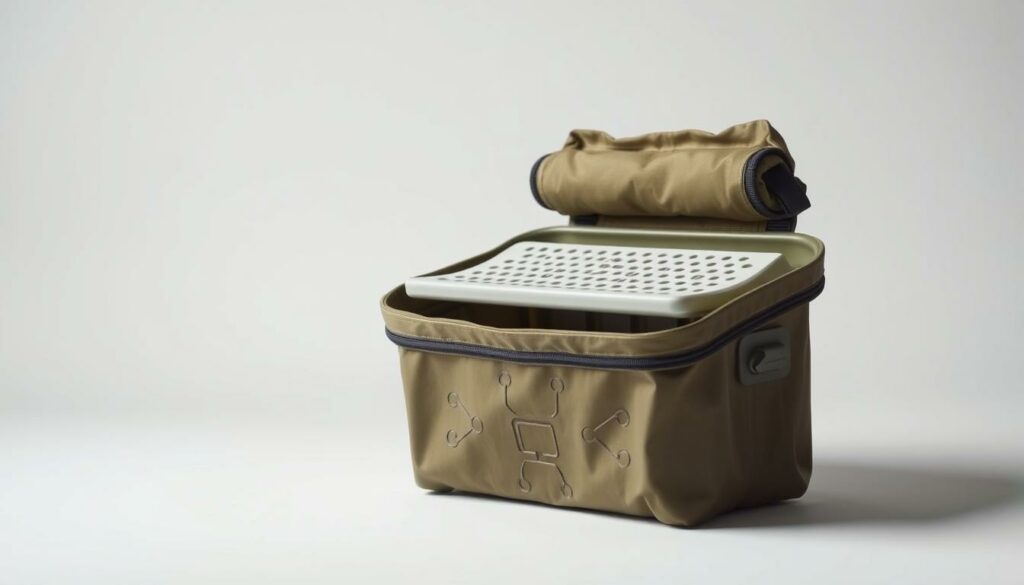 A high-quality, detailed closeup of the Scrubba Handwaschmaschine 2.0, a compact, portable manual washing device designed for travelers. The device is shown in a well-lit, neutral studio setting, allowing its form and features to be clearly visible. The Scrubba is presented against a plain background, with soft, diffused lighting highlighting its rugged, yet elegant design. The image captures the device's key components - the flexible internal washboard, the roll-top closure, and the sturdy outer shell - in sharp focus, showcasing its innovative, user-friendly functionality. The overall mood is one of practical utility and modern, minimalist aesthetics, reflecting the product's intended use for off-grid, on-the-go laundry needs.