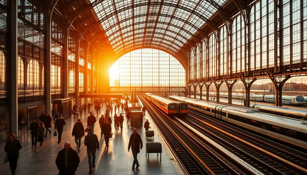 A large-scale modern train station with an intricate glass and steel architecture, bathed in warm golden morning light. The main concourse is bustling with passengers hurrying to their platforms, their silhouettes casting long shadows across the sleek marble floors. Towering arched windows offer expansive views of the tracks and platforms beyond, with trains of various sizes and designs waiting to depart. The scene conveys a sense of efficiency, progress, and the dynamic flow of urban transportation. The overall impression is one of a thoughtfully redesigned and revitalized transportation hub, seamlessly integrating function and aesthetic.