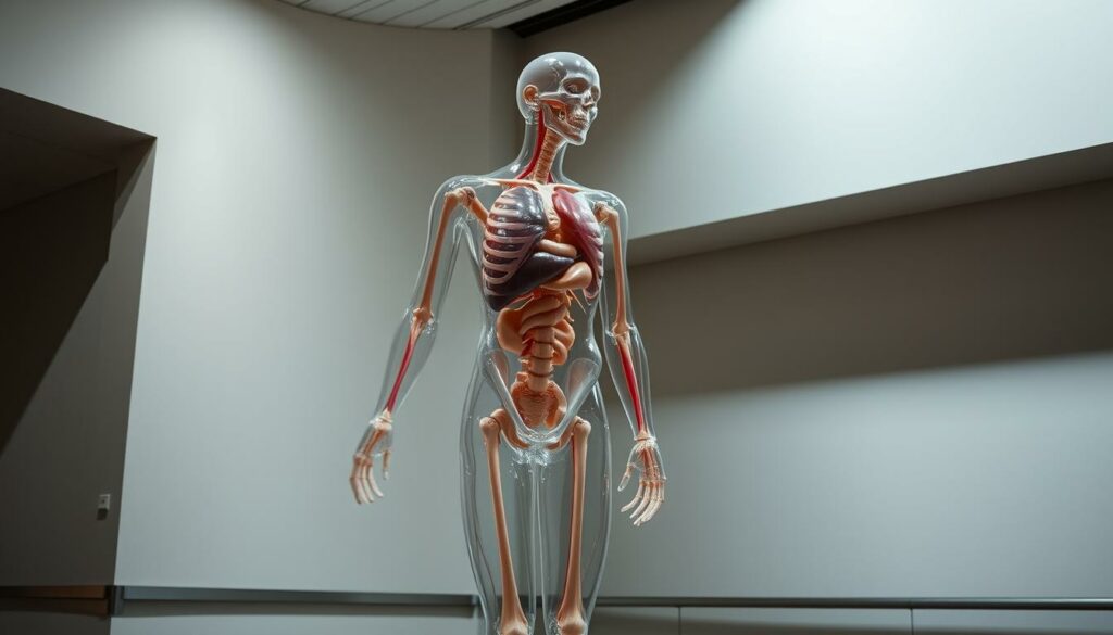 A life-size anatomical display featuring a detailed, transparent human body model showcasing the intricate systems and structures of the human form. The specimen is positioned in a thoughtful, educational pose, with key organs and muscles highlighted. The background is a minimalist, clinical setting with neutral tones, allowing the anatomical details to take center stage. Soft, directional lighting casts subtle shadows, emphasizing the three-dimensional nature of the exhibit. The overall atmosphere is one of scientific curiosity and reverence for the human body.