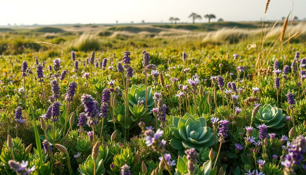 A lush, verdant landscape of the Wattenmeer, a UNESCO World Heritage site on the German North Sea coast. In the foreground, a vibrant tapestry of salt-tolerant plants, their delicate leaves and flowers adapting to the harsh, tidal environment. Gently swaying sea lavender, succulent glasswort, and the iconic sea aster populate the foreground, creating a captivating natural mosaic. The middle ground features the rolling dunes and swaying grasses, while the distant horizon is dotted with the silhouettes of windswept trees, painting a serene, atmospheric scene. Soft, natural lighting filters through the scene, casting a warm, golden glow and highlighting the intricate textures of the flora. Captured with a wide-angle lens to convey the expansive, immersive nature of this resilient, coastal ecosystem.