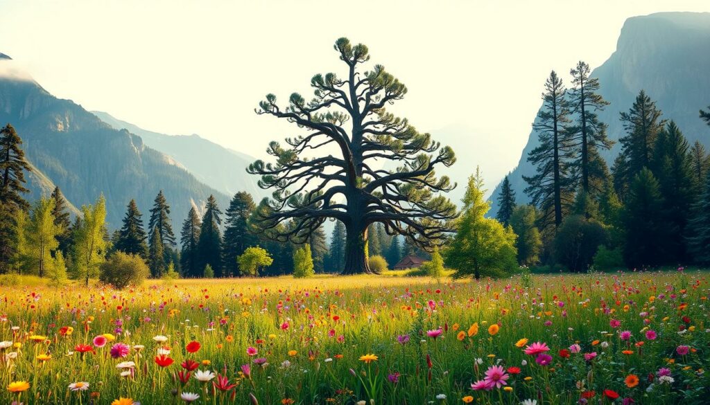 A lush, verdant landscape teeming with diverse flora and fauna, captured in a sweeping panoramic view. In the foreground, a vibrant meadow bursts with a kaleidoscope of wildflowers, their petals dancing in the gentle breeze. Towering trees in the middle ground provide a serene backdrop, their branches sheltering a variety of birds and small wildlife. In the distance, majestic mountains rise, their rugged peaks kissed by wisps of cloud, creating a sense of awe and wonder. Warm, diffused sunlight filters through the canopy, casting a golden glow over the entire scene. The overall atmosphere is one of serene tranquility, inviting the viewer to immerse themselves in the natural splendor of the Yosemite National Park.