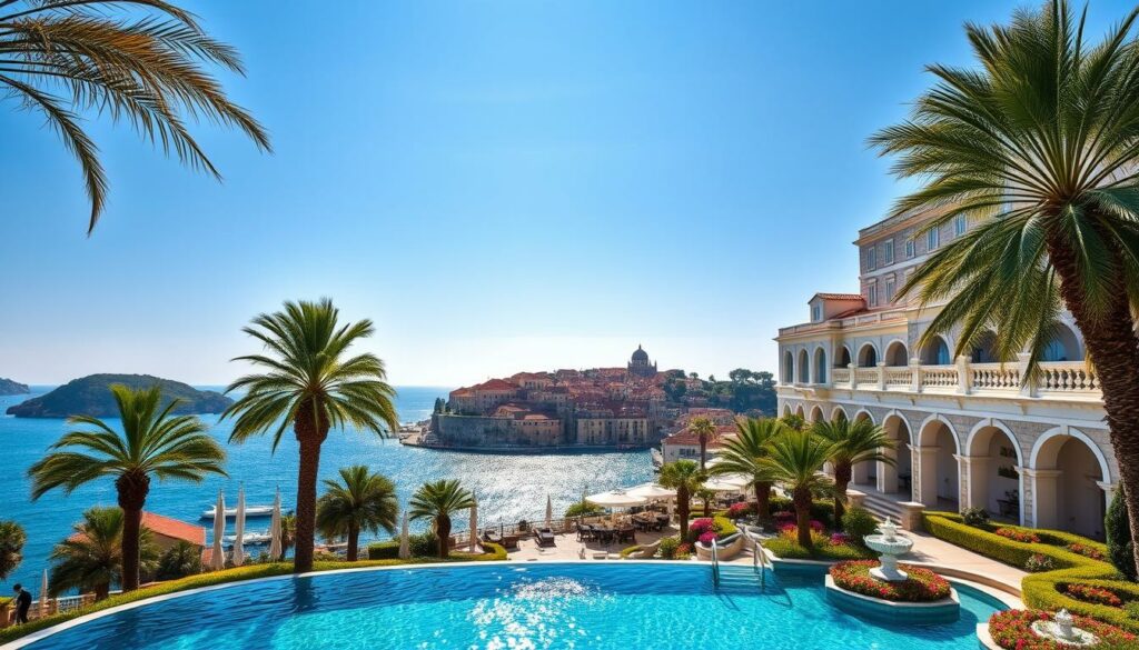 A luxurious five-star hotel nestled along the picturesque Adriatic coastline of Dubrovnik, Croatia. The grand structure features a striking Mediterranean-style facade, with white stone walls and terra-cotta roof tiles. In the foreground, a tranquil infinity pool overlooks the sparkling turquoise waters and the historic city walls in the distance. Palm trees sway gently in the warm, coastal breeze, and sunlight dances across the pool's surface, creating a shimmering, reflective effect. The middle ground showcases lush, manicured gardens adorned with vibrant flowers and ornate fountains. In the background, the iconic Old Town of Dubrovnik rises majestically, its iconic orange roofs and ancient architecture framed by a clear, azure sky. An atmosphere of luxurious relaxation and stunning natural beauty pervades the scene.