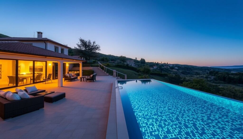 A luxurious villa set amidst the rolling hills of Groznjan, Istria. In the foreground, a sparkling infinity pool reflects the clear blue sky, inviting visitors to bask in the Mediterranean sun. The villa's elegant architecture blends seamlessly with the lush, landscaped gardens, creating a tranquil oasis of comfort and sophistication. Warm, golden lighting casts a gentle glow across the terrace, where plush outdoor furniture beckons guests to relax and take in the stunning vistas of the surrounding countryside. In the distance, the charming, historic buildings of Groznjan's renowned artist village come into view, hinting at the cultural richness and vibrant artistic community that await the discerning traveler.