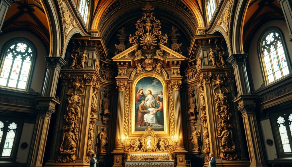 A magnificent baroque-style altar stands tall within the Bergkirche St. Marien Schleiz, its ornate golden detailing catching the warm, soft light that filters through the stained glass windows. Intricate carvings and statues adorn the altar, creating a sense of grandeur and reverence. The middle ground is dominated by the altar's striking central feature, a large painting depicting a religious scene. The background is filled with the church's ornate architectural elements, including vaulted ceilings and ornate columns, lending an air of historic significance and artistic sophistication to the scene. The overall mood is one of reverence, awe, and a deep appreciation for the craftsmanship and spiritual significance of this remarkable religious artwork.