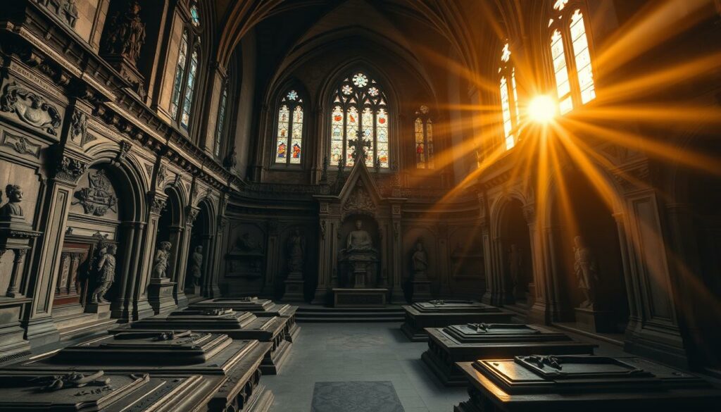 A majestic Baroque-style crypt lies beneath the soaring spires of Bergkirche St. Marien, the final resting place of the noble House of Reuss. Intricate stone carvings and ornate architectural details adorn the interior, casting a reverent, somber atmosphere. Shafts of warm, golden light filter through stained-glass windows, illuminating the ornate sarcophagi and memorials within. The air is hushed, as if time itself has paused to honor the illustrious history entombed here. This hallowed sepulcher stands as a testament to the enduring legacy of the principalities that once ruled over this picturesque Thuringian town.