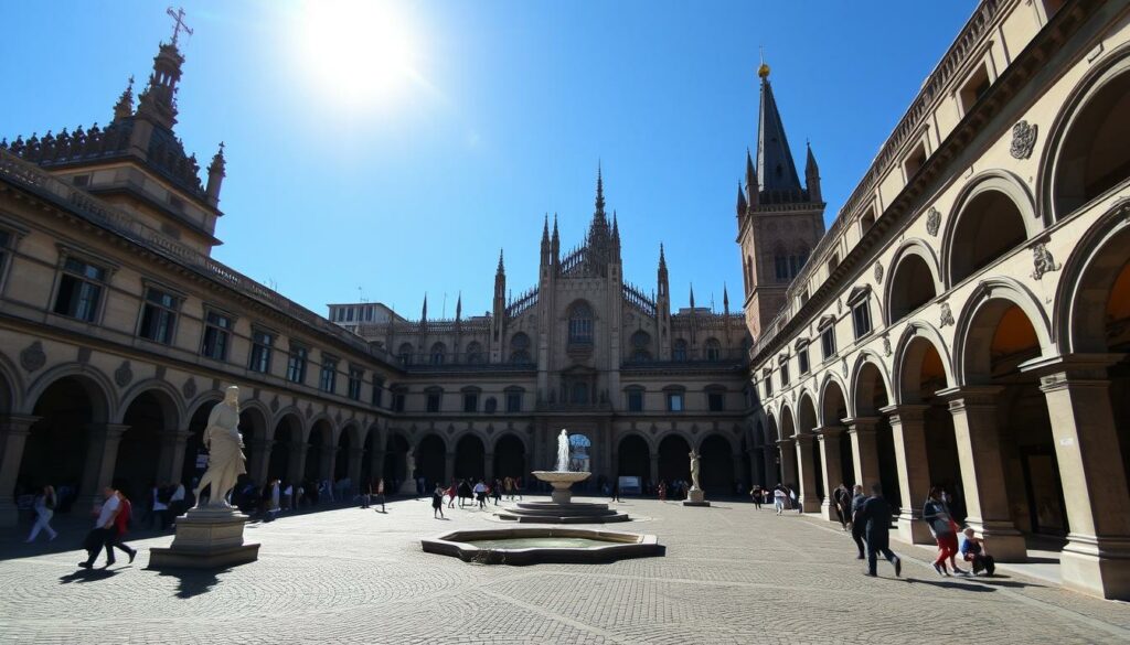 A majestic Renaissance castle rises against a clear azure sky, its ornate spires and towers casting intricate shadows across the sun-dappled courtyard below. Visitors stroll along the cobblestone pathways, admiring the grand archways and elaborate facades that house the treasures of Milan's illustrious past. Ornate sculptures and fountains dot the grounds, inviting exploration and discovery. Through the arched entryways, the light spills into the museum galleries, illuminating the centuries-old artworks and artifacts that chronicle the rich history of this iconic Milan landmark. An air of timeless grandeur permeates the scene, transporting the viewer to a bygone era of Italian splendor.
