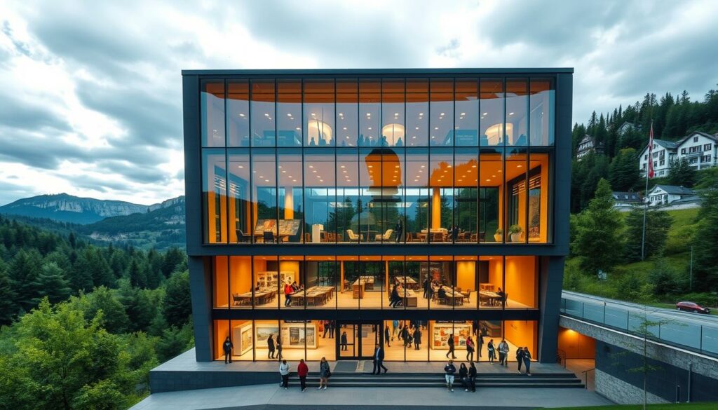 A majestic building stands tall, its modern architecture blending seamlessly with the lush, forested landscape of the Sächsische Schweiz National Park. Vast windows offer panoramic views of the rolling hills and dramatic rock formations beyond. The Nationalparkzentrum, a hub of information and discovery, invites visitors to explore the park's rich natural wonders. Warm, indirect lighting illuminates the interior, creating a welcoming atmosphere. Clean lines, natural materials, and thoughtful design elements convey a respect for the surrounding environment. Visitors are drawn in, eager to learn about the park's unique flora, fauna, and geological features. This central hub serves as a gateway to the breathtaking trails and vistas that await beyond its doors.