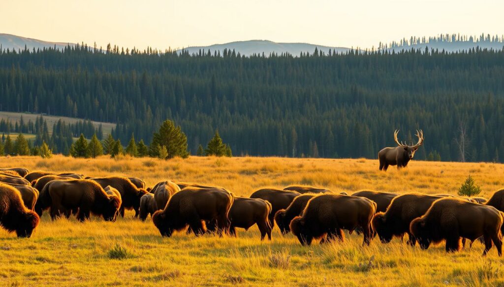 A majestic landscape of the Yellowstone National Park, with a diverse array of animals thriving in their natural habitat. In the foreground, a herd of bison grazes peacefully, their shaggy coats catching the warm, golden light of the afternoon sun. In the middle ground, a graceful elk stands tall, its antlers silhouetted against the backdrop of the rolling hills and lush, evergreen forests. In the distance, a grizzly bear emerges from the dense undergrowth, its powerful frame casting a formidable presence. The scene is captured with a wide-angle lens, conveying a sense of grandeur and awe-inspiring natural beauty. The overall mood is one of tranquility and harmony, showcasing the vibrant and thriving ecosystem of the Yellowstone National Park.