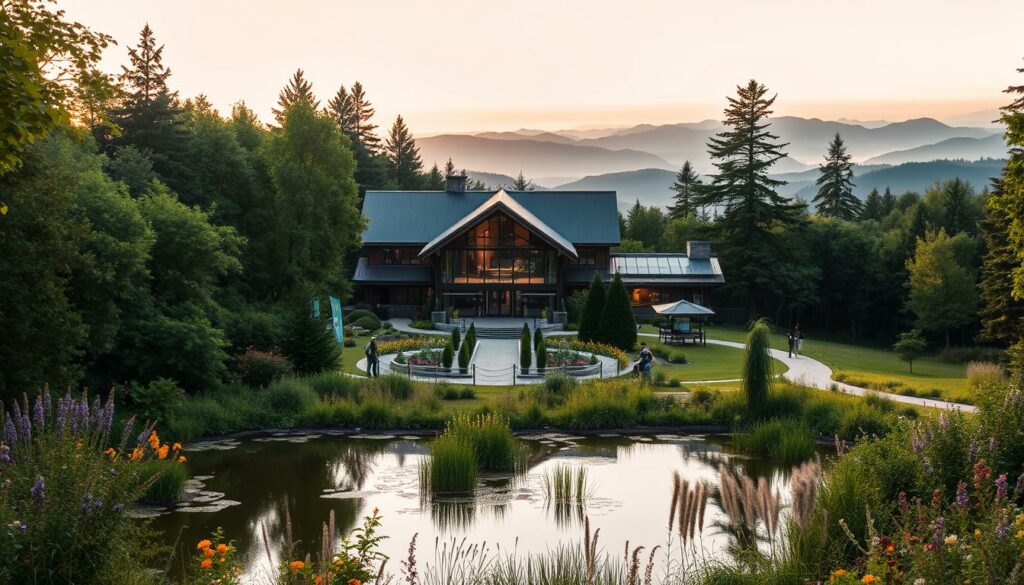 A majestic nature and environmental museum nestled amidst lush foliage and towering trees. The facade features a blend of modern and rustic elements, with large windows allowing natural light to flood the interior. In the foreground, a tranquil pond reflects the museum's silhouette, surrounded by colorful wildflowers and a winding pathway. The middle ground showcases an outdoor exhibit, where visitors can explore interactive displays about local flora and fauna. The background features rolling hills and distant mountain peaks, creating a serene and immersive atmosphere. Soft, warm lighting illuminates the scene, evoking a sense of wonder and appreciation for the natural world.