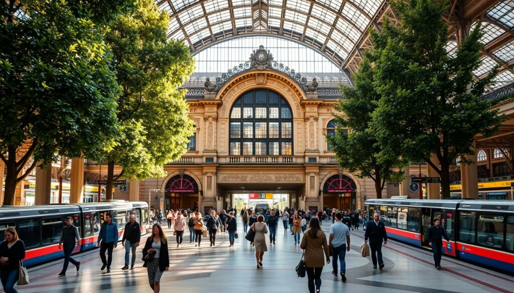 A majestic view of the Stuttgarter Bahnhof, the central train station in the heart of Stuttgart, Germany. The grand, ornate façade of the station's neo-Renaissance architecture stands tall, framed by towering trees and a bustling urban landscape. Passengers hurry through the spacious, well-lit concourse, their footsteps echoing on the polished floors. Sunlight streams through the massive glass windows, illuminating the intricate details of the station's design. The atmosphere is one of efficiency and movement, as travelers seamlessly transition between platforms, public transportation, and the vibrant city streets outside. A scene of modern transit infrastructure harmoniously blended with historic architectural grandeur.