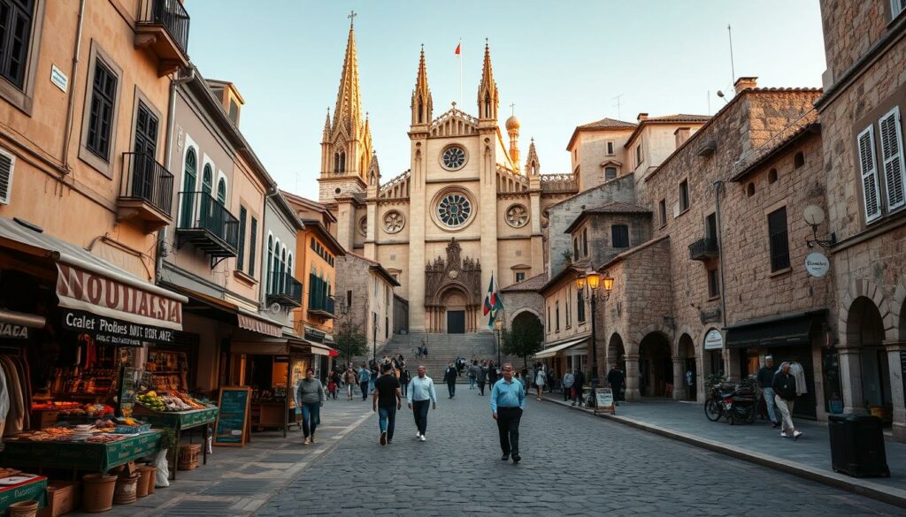 A medieval town square in Rhodes, Greece, with cobblestone streets, quaint buildings, and towering medieval architecture. In the foreground, vendors sell local wares from rustic market stalls, while pedestrians stroll leisurely. The middle ground features a stunning gothic cathedral, its ornate facade and spires reaching skyward. In the background, the winding alleyways and stone walls of the historic old town create a sense of timeless charm. Warm, golden lighting bathes the scene, casting long shadows and a cozy, atmospheric mood. A cinematic wide-angle perspective captures the grandeur and historic character of this well-preserved medieval town.