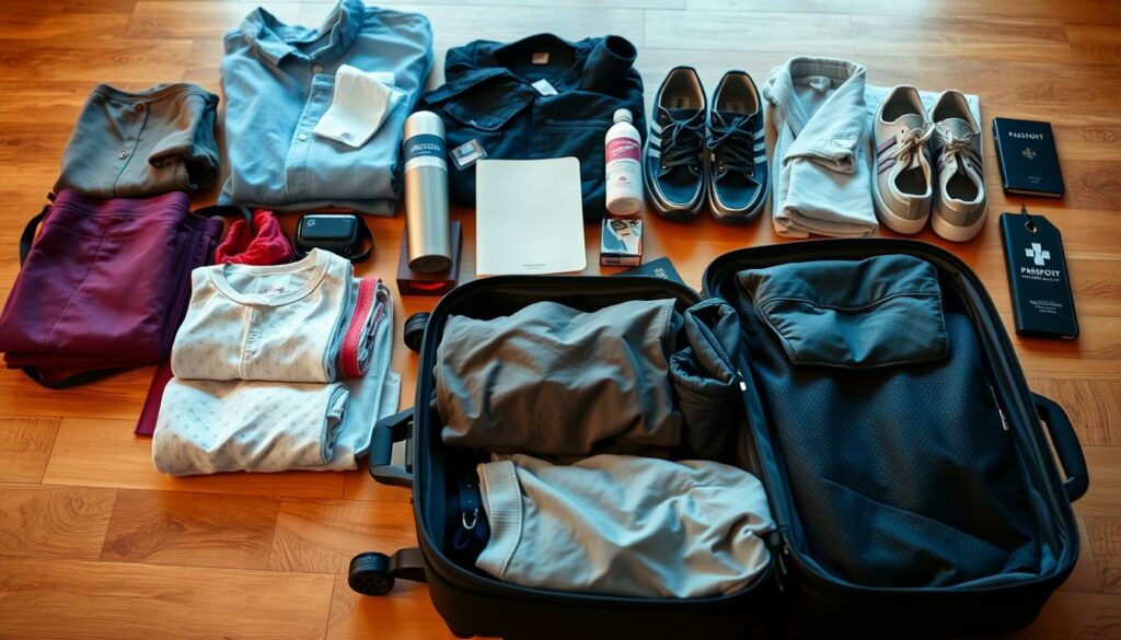 A meticulously organized packing setup with various travel essentials arranged neatly on a wooden surface. In the foreground, a suitcase lies open, showcasing folded clothes, toiletries, and a well-structured packing system. Behind it, a selection of versatile outfits, comfortable shoes, and essential accessories are displayed. The middle ground features a travel journal, a reusable water bottle, and a compact first-aid kit. In the background, a minimalist luggage tag and a sleek passport holder create a sense of preparedness. Warm, natural lighting illuminates the scene, conveying a sense of organization and efficiency. The overall composition suggests a practical, well-thought-out approach to packing for a 7-day vacation.