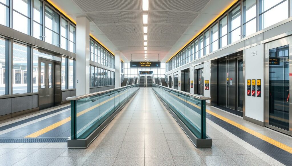 A modern, accessible railway station in Vienna, Austria, showcasing the city's commitment to inclusive mobility. An expansive, well-lit concourse leads to gently sloping ramps and automatic doors, enabling easy navigation for passengers with disabilities. Sleek glass facades bathe the interior in natural light, while tactile paving and auditory guidance systems assist the visually and hearing impaired. Spacious elevators and level boarding platforms seamlessly integrate with the station's design, reflecting a comprehensive approach to universal accessibility. The harmonious blend of form and function creates a welcoming, inclusive environment that embodies the city's dedication to accessibility and equal opportunities for all travelers.