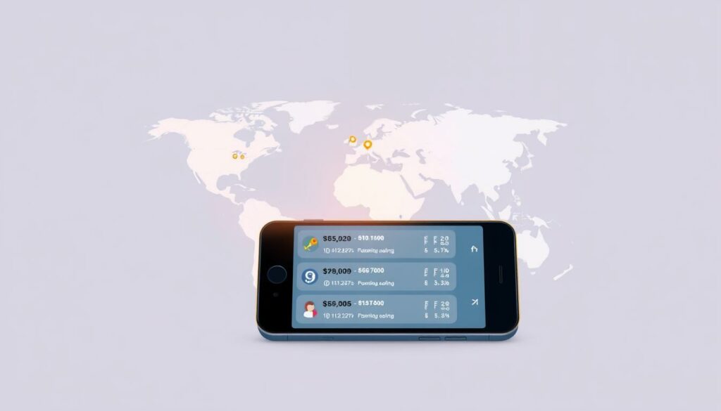 A modern, minimalist illustration depicting alternative roaming tariffs. In the foreground, a sleek smartphone with a glowing display showcasing various international roaming plan options. The middle ground features a stylized world map, with different countries highlighted to represent global connectivity. The background has a subtle gradient, conveying a sense of technology and telecommunications. The overall composition is clean, with a focus on simplicity and clarity to effectively communicate the concept of affordable international roaming alternatives.