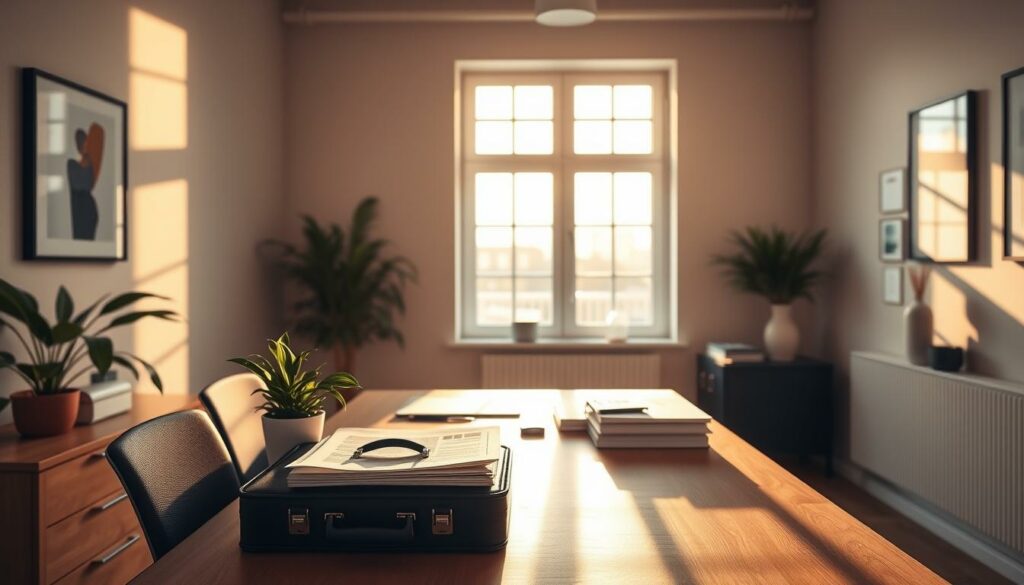 A modern, minimalist office interior with a desk, computer, and various business-related objects. Warm, natural lighting streams through large windows, casting soft shadows. On the desk, a stack of papers and a briefcase sit next to a potted plant, symbolizing the intersection of work and personal life. The walls are adorned with simple, abstract art pieces. The overall atmosphere conveys a sense of professionalism and productivity, appropriate for the topic of "Bettensteuer und berufliche Reisen Informationen".