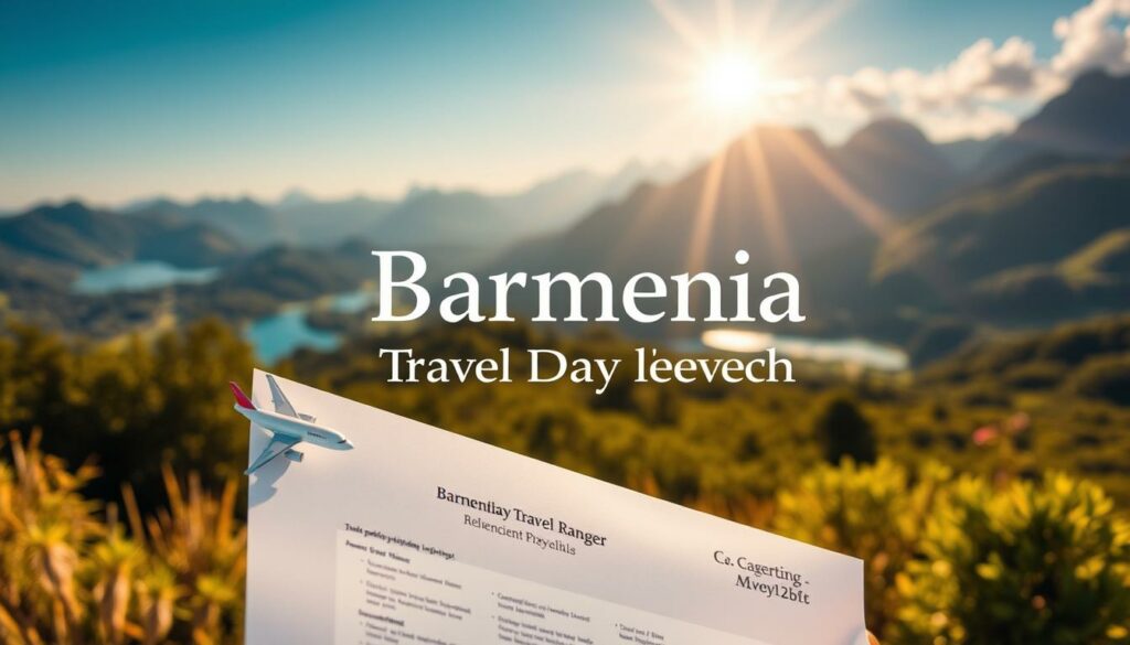 A modern, sleek insurance policy document floats against a backdrop of a vibrant, sun-drenched travel scene. In the foreground, a stylized icon of an airplane gently glides over the page, symbolizing the coverage for travel-related disruptions. The middle ground features an elegant typeface displaying the product name "Barmenia Travel Day Versicherung", set against a clean, minimalist design. In the distant background, a lush, verdant landscape unfolds, with towering peaks and serene bodies of water, evoking the excitement and adventure of the perfect travel day. The entire composition is bathed in a warm, golden light, creating a sense of security and confidence in the comprehensive protection offered by this insurance solution.