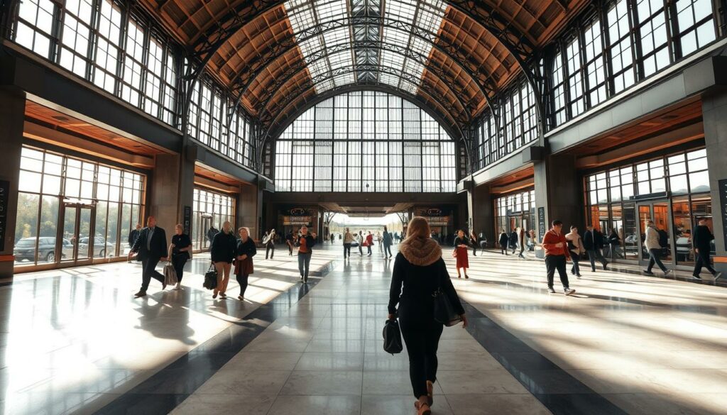 A modern, well-lit train station interior, with a focal point on the elaborate glass-and-steel architecture of the central concourse. Bright natural light streams in through the large windows, casting long shadows across the polished marble floors. Travelers move with purpose through the space, their silhouettes creating a sense of energy and activity. The overall atmosphere is one of efficiency and functionality, with a touch of grandeur befitting a major transportation hub. The perspective should be slightly elevated, capturing the sweeping scale and intricate design of the station's structure.