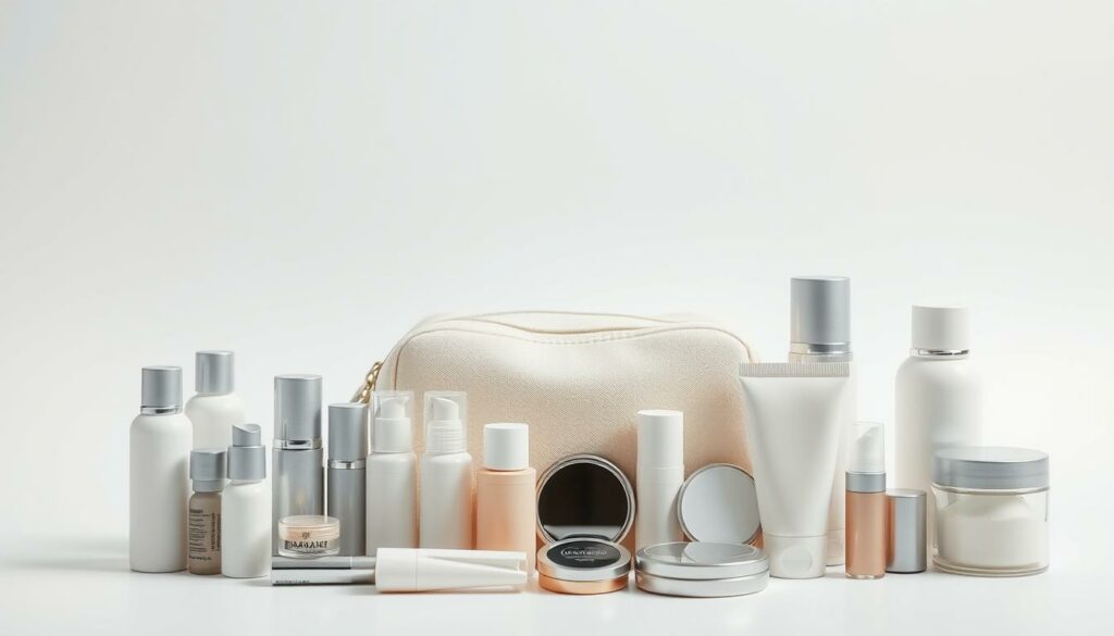 A neatly arranged display of various travel-sized hygiene items and cosmetics on a clean, minimalist background. In the foreground, a collection of small bottles, tubes, and compacts in neutral tones such as white, beige, and silver. In the middle ground, a simple travel bag or pouch to hold the items. The background is bright and airy, with soft, diffused lighting creating a serene, organized atmosphere. The overall composition emphasizes the practical and essential nature of these everyday travel necessities, presented in a visually appealing and aspirational manner.