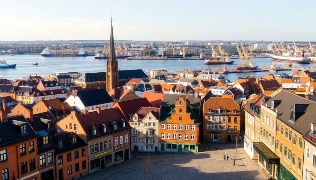 A panoramic view of the historic Hanseatic city of Gdańsk (formerly Danzig), Poland, with its iconic architecture and bustling waterfront. In the foreground, cobblestone streets wind past rows of meticulously restored merchant houses, their brick and timber facades bathed in warm, golden sunlight. In the middle ground, the soaring spires of St. Mary's Church and the striking silhouette of the Artus Court rise above the cityscape, reflecting the city's Hanseatic heritage. The background is dominated by the serene waters of the Motława River, with the distinctive cranes and ships of the active harbor adding a sense of maritime industry. The overall scene conveys the timeless beauty, storied past, and vibrant present of this historic Hanseatic gem.