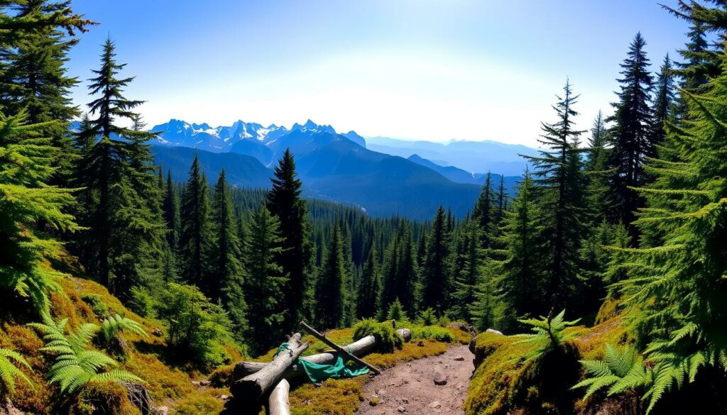 A panoramic view of the lush green forests and snow-capped peaks of Olympic National Park. In the foreground, a hiking trail winds through a mossy, old-growth forest, with ferns and fallen logs lining the path. Sunlight filters through the canopy, casting a warm, golden glow. The middle ground features rugged, granite mountains with jagged ridges and deep, glacial valleys. In the distance, the silhouettes of the Olympic Mountains rise against a clear, azure sky. The scene exudes a sense of tranquility and adventure, inviting the viewer to embark on a journey through this diverse and breathtaking wilderness.