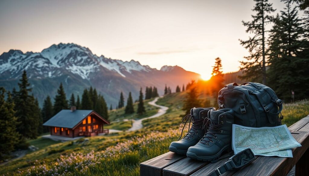 A picturesque alpine landscape, with a snow-capped mountain range in the background. In the foreground, a cozy mountain cabin nestled among evergreen trees, its warm lights casting a welcoming glow. In the middle ground, a winding hiking trail leading through lush meadows, dotted with wildflowers. The scene is bathed in the soft, golden light of the setting sun, creating a serene and tranquil atmosphere. A pair of sturdy hiking boots, a backpack, and a map lie on a wooden bench, suggesting the practical and adventurous nature of the scene. The overall mood evokes a sense of exploration, relaxation, and the joy of discovering the natural wonders of the region.