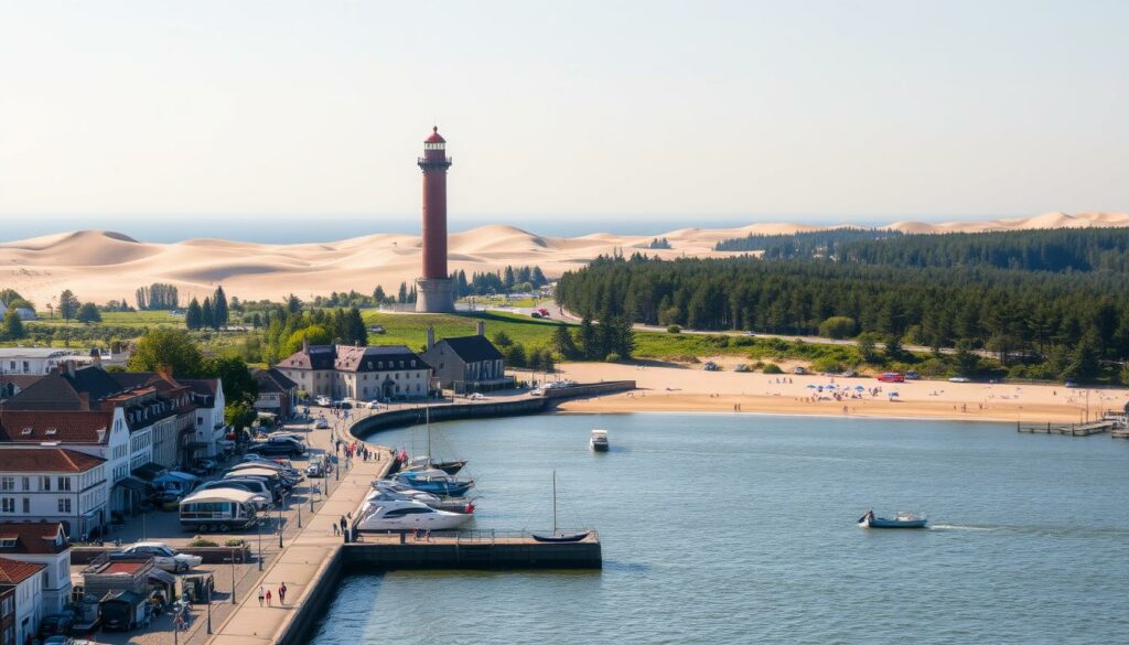 A picturesque coastal town on the Baltic Sea, Swinemünde features a collection of historic landmarks and natural wonders. In the foreground, a grand promenade lined with charming seaside architecture leads to a majestic pier extending into the vast, glistening waters. Quaint fishing boats and yachts dot the bustling harbor. Towering in the middle ground, the iconic Wolin Lighthouse stands tall, its beacon scanning the horizon. Beyond, rolling sand dunes and lush pine forests frame the serene, windswept beach, where beachgoers stroll and sunbathe under the warm, golden light of a late summer afternoon. An idyllic scene capturing the picturesque character and coastal allure of this beloved Baltic resort town.