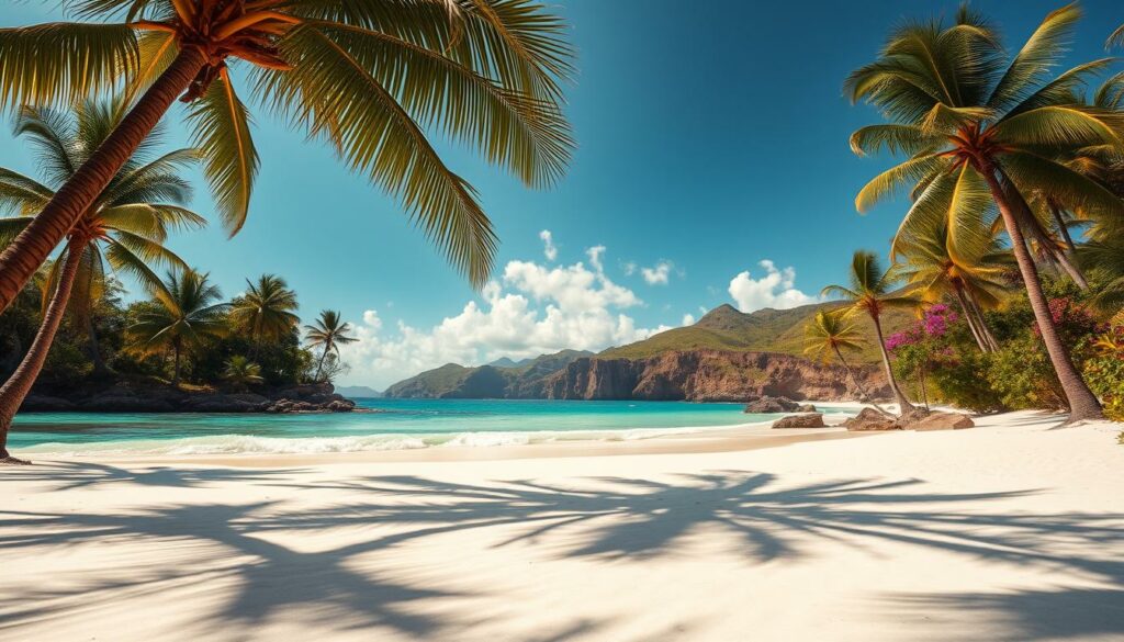 A picturesque island paradise with pristine, sun-drenched beaches stretching along the turquoise waters of the Indian Ocean. In the foreground, fine, powdery white sand leads to gentle waves lapping at the shore. Swaying palm trees sway in the warm, tropical breeze, casting dappled shadows across the scene. The middle ground reveals lush, verdant foliage and vibrant flora, hinting at the island's abundant natural beauty. In the distance, rugged cliffs and rolling hills rise up, creating a dramatic and serene backdrop to this idyllic tropical landscape. Warm, golden sunlight bathes the entire scene, evoking a sense of tranquility and relaxation. Shoot this panoramic vista with a wide-angle lens to capture the full splendor of "Strände der Insel".
