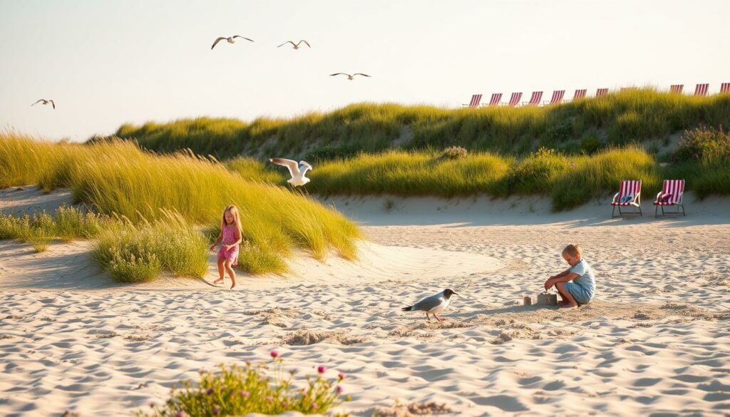 A picturesque landscape on the island of Sylt, capturing the essence of family-friendly activities. In the foreground, children playfully explore a sandy beach, building sandcastles and chasing seagulls. The middle ground features a gently sloping dune, covered in lush green grass and dotted with vibrant wildflowers. In the background, the iconic red-and-white striped beach chairs dot the shoreline, inviting visitors to relax and soak in the tranquil atmosphere. The scene is bathed in warm, golden sunlight, creating a serene and inviting atmosphere. A classic coastal scene that perfectly encapsulates the family-friendly appeal of Sylt.