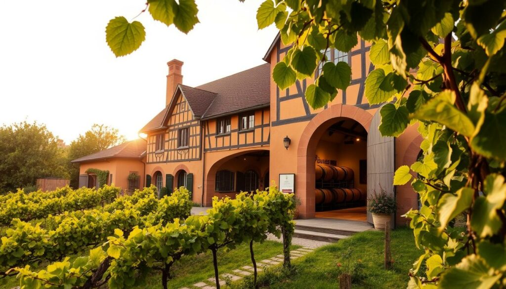 A picturesque old winery, the "Weinbaumuseum Alte Kelter" stands proudly in the heart of Stuttgart. The historic building, with its warm ochre facade and charming half-timbered details, is bathed in a golden afternoon light. Rows of grape vines cascade down the gentle slopes in the foreground, their leaves rustling in the soft breeze. Through an arched entryway, we glimpse the interior of the museum, where antique winemaking equipment and barrels hint at the rich traditions of viticulture in the region. The scene exudes a sense of timeless elegance and a reverence for the region's winemaking heritage.