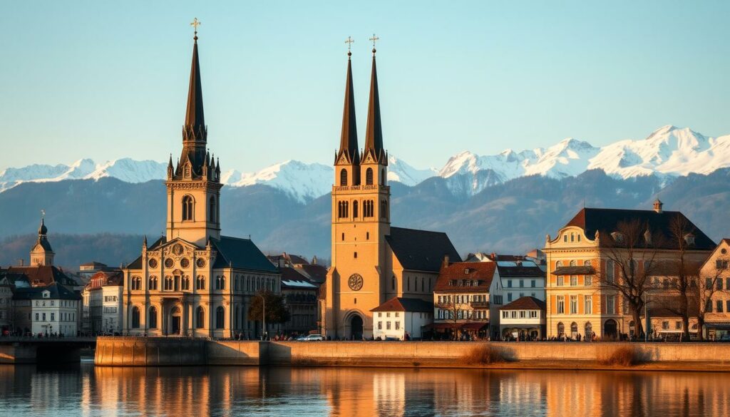 A picturesque panorama of historic churches in Lucerne, Switzerland. In the foreground, the iconic Jesuit Church stands tall, its baroque architecture and ornate spires reflecting in the calm waters of the Reuss River. In the middle ground, the twin-towered Hofkirche dominates the skyline, its Gothic style a testament to the city's rich religious heritage. In the background, the snow-capped peaks of the Swiss Alps provide a dramatic natural backdrop, evoking a sense of timeless grandeur. The scene is bathed in soft, warm lighting, casting a serene and reverent atmosphere over the timeless structures. Captured with a wide-angle lens to showcase the churches' impressive scale and architectural details, this image beautifully captures the historic significance and picturesque setting of Lucerne's iconic religious landmarks.