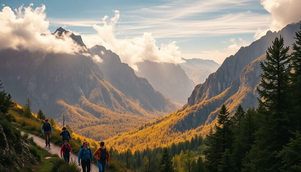 A picturesque panorama of the Ordesa y Monte Perdido National Park, capturing the essence of practical travel tips for visitors. In the foreground, a group of hikers navigate a winding trail, their backpacks and hiking gear visible. The middle ground showcases the park's iconic limestone peaks, bathed in warm, golden sunlight filtering through wispy clouds. In the distance, a lush, verdant forest frames the scene, hinting at the park's diverse ecosystems. The composition is balanced, with a sense of depth and scale, inviting the viewer to immerse themselves in the stunning natural beauty. The overall mood is one of adventure, exploration, and appreciation for the park's natural wonders.