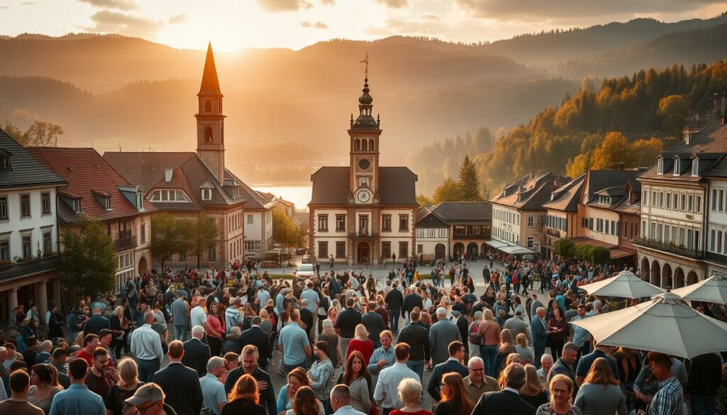 A picturesque political landscape in the town of Rorschach, situated along the serene shores of Lake Constance. In the foreground, a bustling town square, filled with diverse citizens engaged in lively debates and discussions. The mid-ground reveals the town hall, a stately building with a clock tower, its facade adorned with intricate carvings and murals reflecting the region's rich history. In the background, rolling hills and lush forests frame the scene, bathed in a warm, golden glow from the setting sun. The overall atmosphere conveys a sense of civic engagement, democratic vitality, and a harmonious blend of tradition and progress.