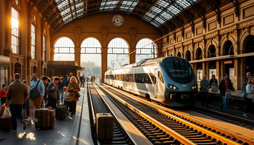 A picturesque railway station in Berlin, with a bustling platform and an ornate, historic facade. Commuters hurry along, while families and tourists gather, preparing for their day trips and excursions. The station is bathed in warm, golden light, filtering through large windows and casting soft shadows. In the foreground, vintage-inspired luggage and backpacks sit by the tracks, hinting at the adventures to come. In the middle ground, a sleek, modern train waits, its engine idling, ready to whisk passengers away to nearby destinations. In the background, a lush, verdant landscape can be seen through the station's arched entryways, promising scenic landscapes and quaint towns beyond the city limits.