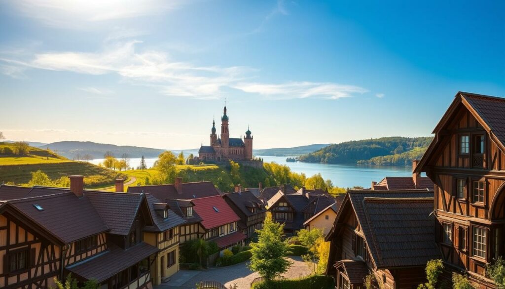 A picturesque scene of Masuren, Poland, showcasing its rich cultural heritage and historical significance. In the foreground, a quaint village with traditional wooden houses and cobblestone streets, surrounded by rolling hills and lush greenery. In the middle ground, a majestic castle or manor house, its towers and turrets standing tall against the azure sky. In the background, a tranquil lake or river, its surface reflecting the warm, golden light of the sun. The overall atmosphere is one of timeless charm, inviting the viewer to explore the region's captivating past and immerse themselves in its timeless beauty.
