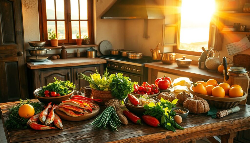 A picturesque scene of a traditional Sardinian kitchen, bathed in warm, golden light that filters in through large windows. In the foreground, a rustic wooden table is adorned with a vibrant array of locally sourced ingredients - freshly caught seafood, sun-ripened produce, and aromatic herbs. The middle ground features a cozy cooking area, with a vintage-inspired stove and an array of gleaming copper pots and pans. In the background, glimpses of the Mediterranean landscape can be seen through the windows, hinting at the island's breathtaking natural beauty. The overall atmosphere evokes a sense of timeless, rural authenticity, inviting the viewer to imagine the flavorful dishes and convivial gatherings that unfold within this captivating Sardinian kitchen.