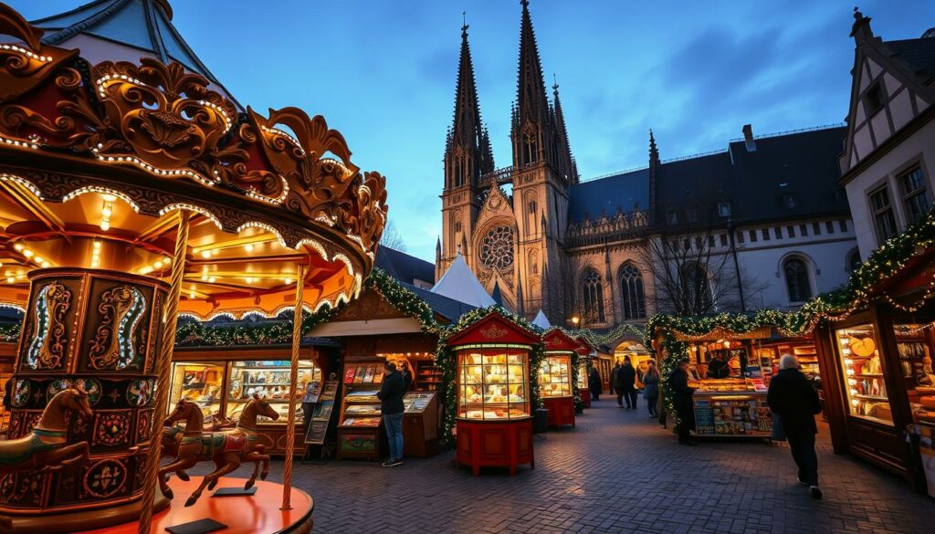 A picturesque scene of the Aachener Weihnachtsmarkt during the 2025 holiday season. The market stalls are adorned with twinkling lights and festive decorations, casting a warm glow over the cobblestone square. In the foreground, a traditional wooden carousel spins, its carved horses and intricate details captured in sharp focus. The middle ground features a variety of artisanal vendors selling handcrafted gifts and delectable seasonal treats, while the background showcases the iconic Aachen Cathedral, its Gothic architecture and spires silhouetted against a twilight sky. The overall atmosphere is one of enchantment, inviting visitors to immerse themselves in the magical ambiance of the Aachener Weihnachtsmarkt.