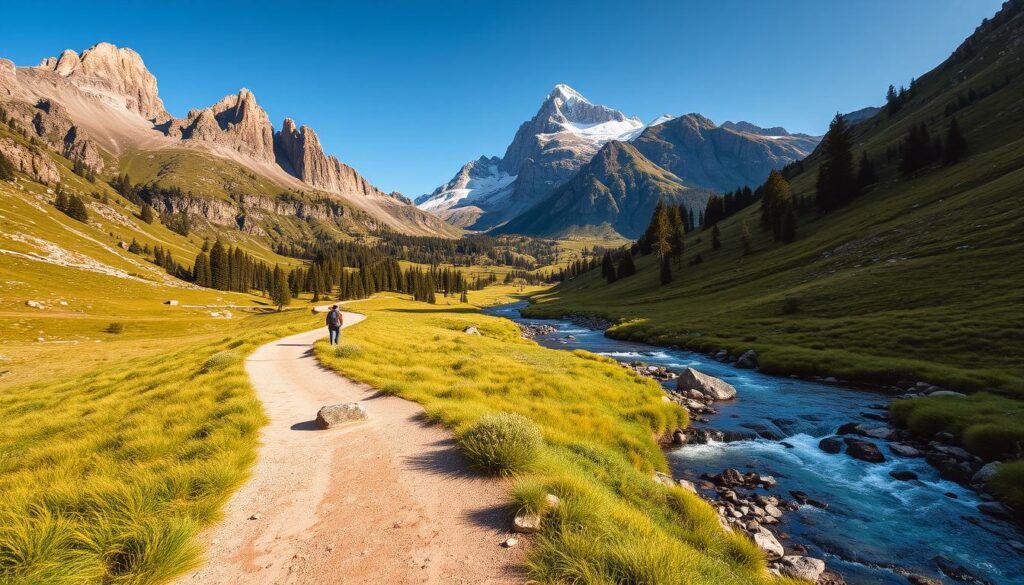 A picturesque scene of the renowned Ordesa y Monte Perdido National Park, showcasing the serene walking trails that wind through its majestic landscapes. In the foreground, a well-trodden path leads hikers past towering, craggy peaks and lush, verdant meadows. The middle ground features a gently flowing stream or river, its crystal-clear waters reflecting the surrounding natural beauty. In the background, the iconic Monte Perdido mountain rises majestically, its snow-capped summit glistening in the warm, golden sunlight. The scene is bathed in a soft, diffused lighting that enhances the natural textures and colors, creating a sense of tranquility and awe. Captured with a wide-angle lens to convey the grandeur of the scenery, this image perfectly encapsulates the captivating hiking experiences available within the Ordesa y Monte Perdido National Park.