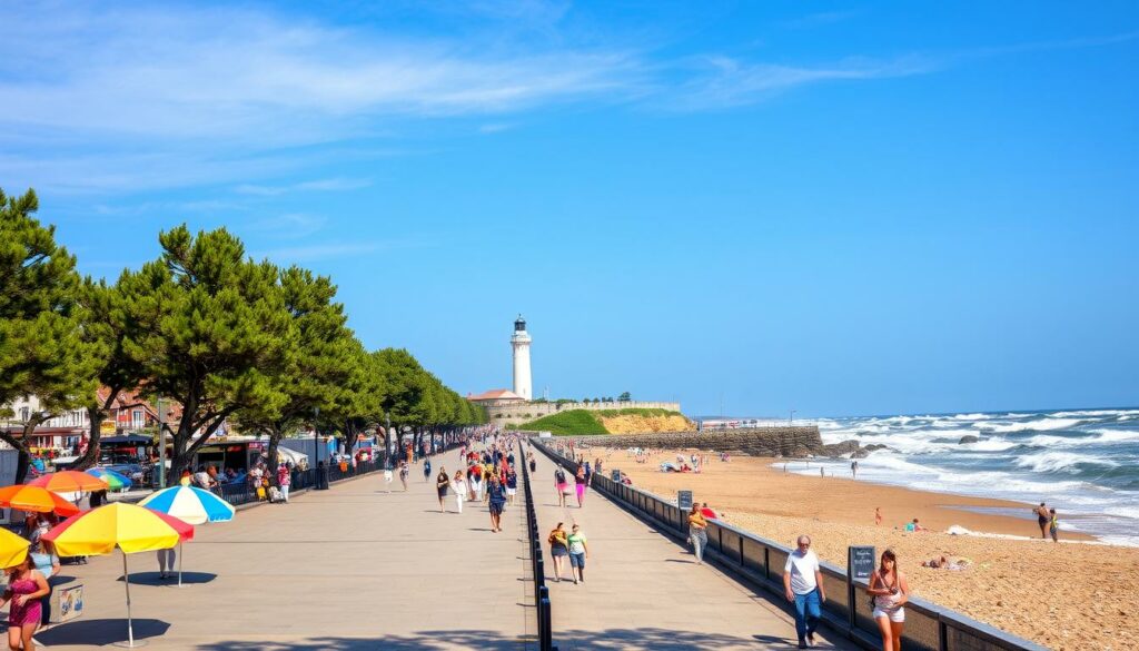 A picturesque seaside promenade along the Baltic Sea in the charming town of Ustka, Poland. The wide, tree-lined walkway is bustling with strolling tourists and locals, taking in the sights and sounds of the coastal landscape. In the foreground, colorful beach umbrellas dot the sandy shoreline, while in the middle ground, the historic lighthouse stands tall, its white tower gleaming in the warm sunlight. In the background, rolling waves crash against the rocky cliffs, framed by a cloudless azure sky. The scene exudes a tranquil, laidback atmosphere, inviting visitors to slow down and savor the natural beauty of this picturesque Polish resort town.