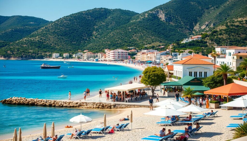 A picturesque seaside resort on the Greek island of Zakynthos, with sun-drenched beaches, azure waters, and lush, verdant hills in the background. In the foreground, a group of people relaxing on beach loungers, umbrellas providing shade from the warm Mediterranean sun. In the middle ground, a bustling promenade lined with charming tavernas and shops, where locals and tourists mingle. The scene is bathed in a warm, golden light, capturing the idyllic, carefree atmosphere of a package holiday to this stunning Greek destination.
