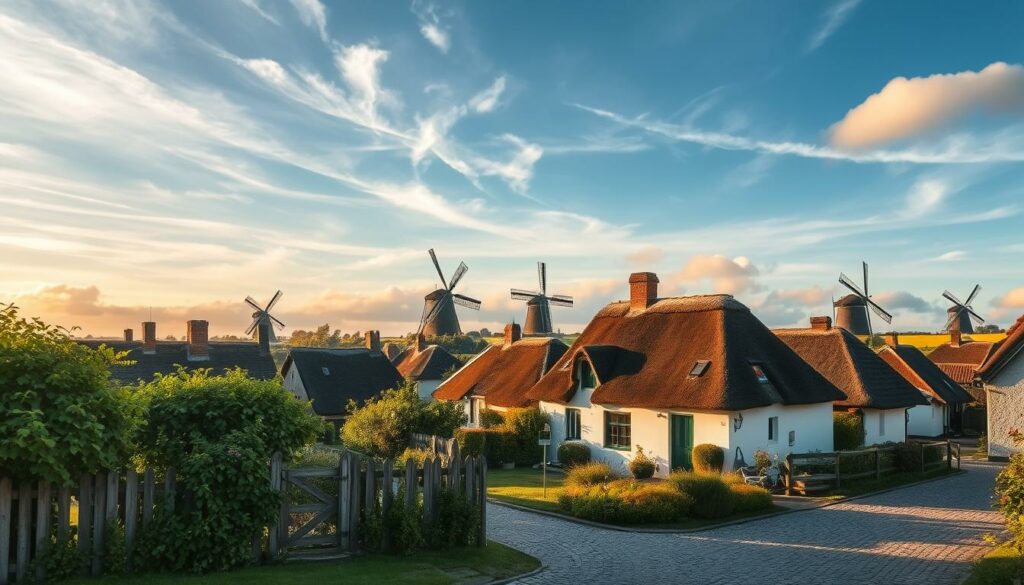 A picturesque village nestled on the serene island of Amrum, Germany. Traditional Frisian houses with their distinctive thatched roofs and whitewashed walls line the quaint cobblestone streets. Lush, verdant gardens spill over fences, adding pops of color to the charming scene. Warm, soft light filters through wispy clouds, casting a gentle glow over the tranquil setting. In the distance, the silhouettes of ancient windmills stand tall, a testament to the island's rich history and connection to the land. This idyllic village captures the essence of Amrum's timeless allure and enduring traditions.