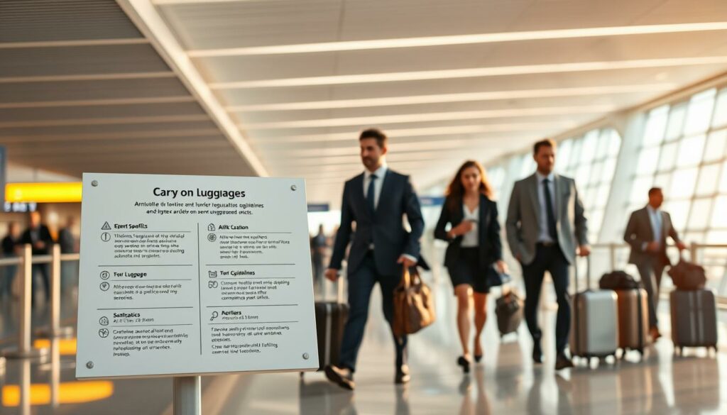 A pristine airport terminal with sleek, minimalist design. In the foreground, a display showcasing airline-specific regulations and guidelines for carry-on luggage, presented in a clean, organized manner. The middle ground features business travelers navigating the terminal, their expressions contemplative as they review the information. The background is bathed in warm, natural lighting, creating a sense of efficiency and professionalism. The overall composition conveys a sense of attention to detail and a dedication to providing clear, concise information to passengers.