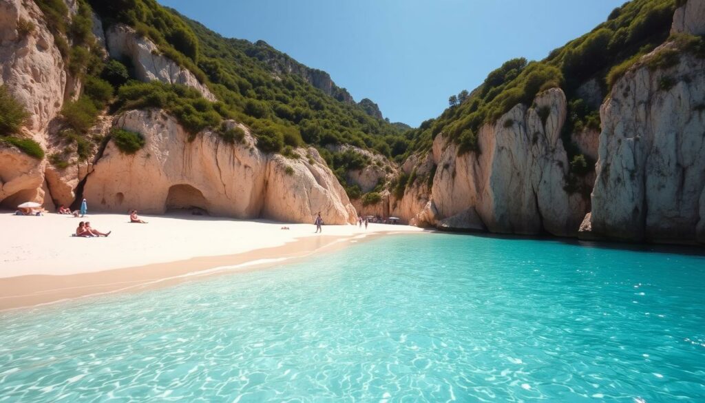 A pristine beach in Dubrovnik, Croatia, with shimmering turquoise waters lapping against the shore. Towering limestone cliffs frame the idyllic scene, casting warm, golden light across the smooth, white sand. Lush, verdant foliage cascades down the hillsides, creating a serene, natural backdrop. A few sun-seekers recline on the beach, enjoying the tranquil ambiance. The image is captured with a wide-angle lens, emphasizing the breathtaking scale and beauty of this picturesque Adriatic haven.