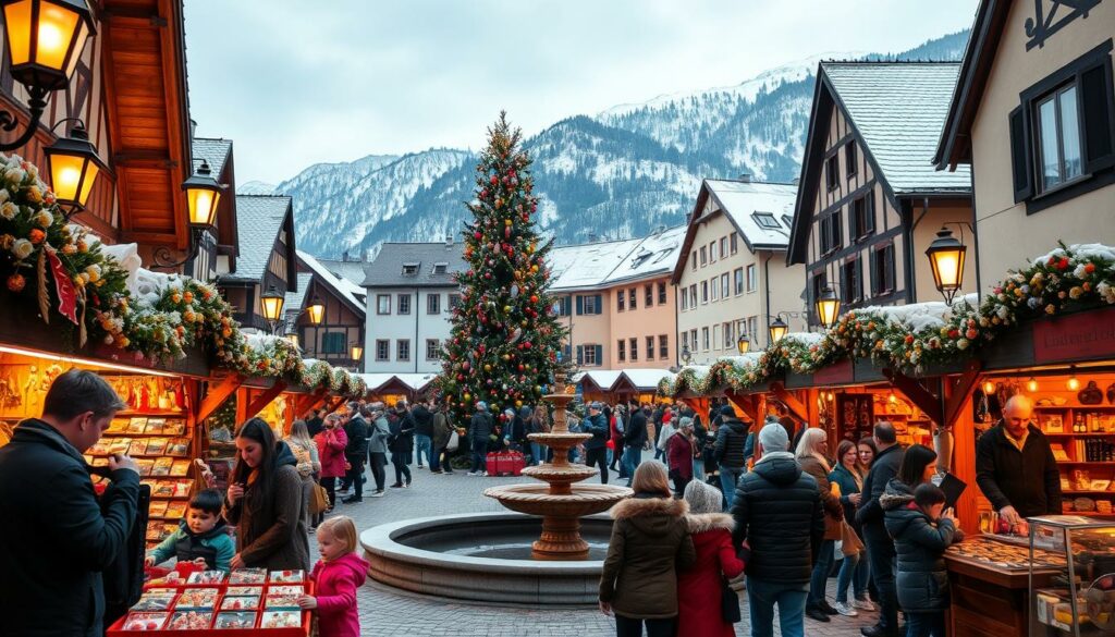 A quaint town square in the Ravennaschlucht, adorned with a towering Christmas tree and rows of cozy wooden stalls. Warm lanterns cast a festive glow, illuminating the bustling crowd browsing handcrafted wares and sipping mulled wine. In the foreground, a family examines a vendor's selection of ornaments and trinkets, while others browse the stalls offering seasonal treats and hot beverages. The middle ground features a central fountain surrounded by lively chatter and laughter, with the backdrop showcasing the historic buildings and snow-capped mountains beyond, creating a magical wintertime atmosphere.