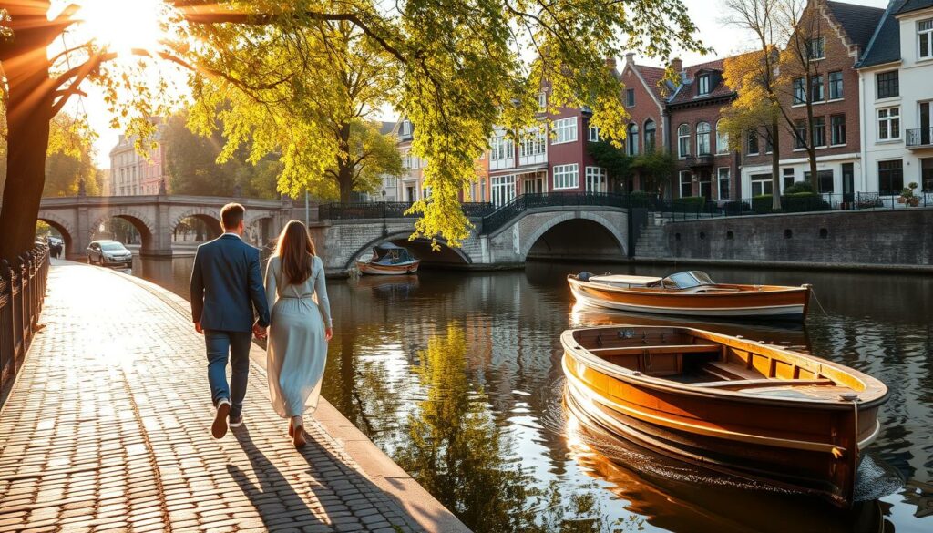 A romantic canal scene in Cologne, Germany. The Lindenthaler Kanäle, a series of charming waterways lined with historic houses and bridges. Warm sunlight filters through the arching trees, casting a golden glow over the still waters. A couple strolls hand-in-hand along the cobblestone pathway, pausing to admire the reflection of the colorful facades in the glassy surface. In the distance, an antique wooden boat drifts slowly by, its occupants enjoying the tranquil ambiance. The scene exudes a sense of timeless, idyllic romance, perfect for a leisurely stroll through this picturesque corner of Cologne.