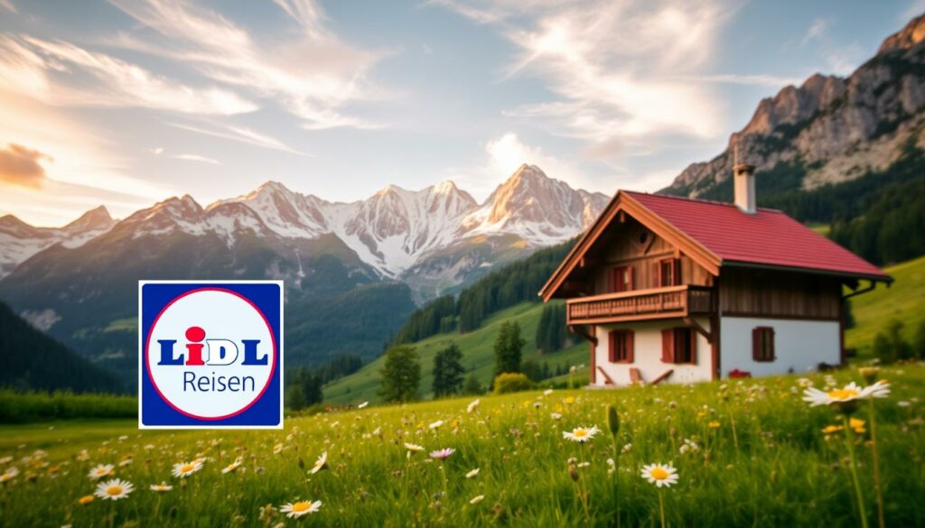 A scenic Swiss alpine landscape with the Lidl Reisen logo prominently displayed in the foreground. The mountains rise majestically in the background, their snow-capped peaks illuminated by warm, golden sunlight filtering through wispy clouds. In the middle ground, a lush, green meadow dotted with wildflowers leads the eye towards a charming Swiss chalet, its traditional architecture and vibrant red roof tiles reflecting the rustic charm of the region. The composition is balanced and inviting, conveying a sense of adventure and the promise of an unforgettable Swiss holiday experience through Lidl Reisen's offers and last-minute deals.