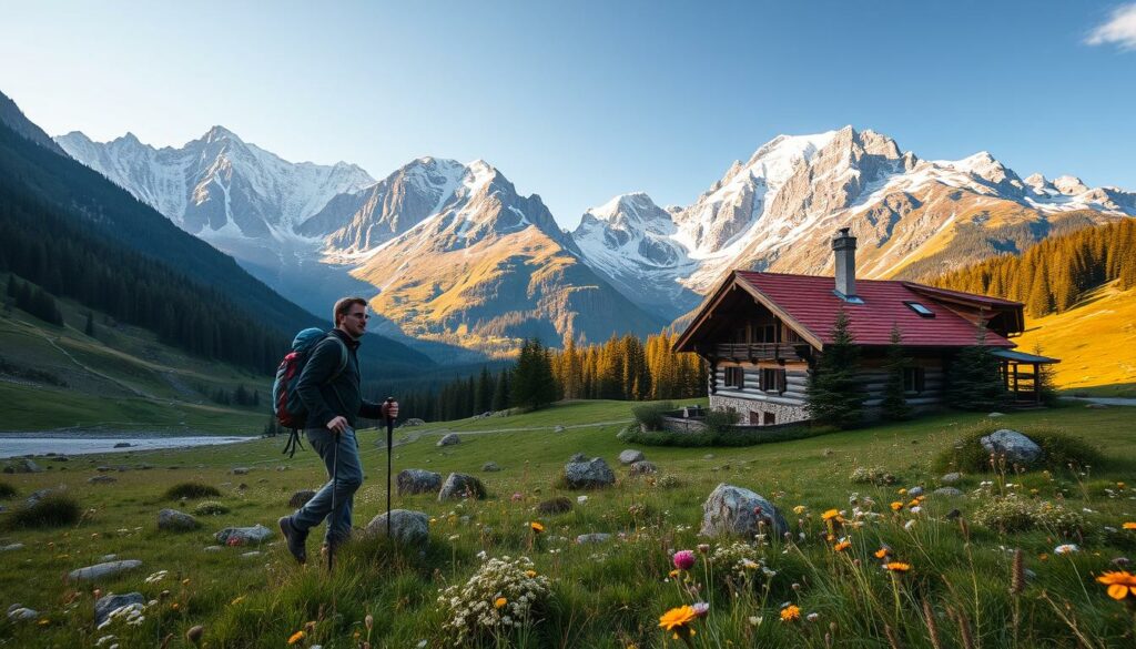 A scenic alpine landscape in the Valais region, Switzerland. The foreground features a well-equipped hiker with backpack and hiking poles, standing amidst lush meadows and wildflowers. The middle ground showcases a traditional mountain chalet with a red-tiled roof, surrounded by rolling hills and pine forests. In the background, towering snow-capped peaks rise majestically, bathed in warm, golden sunlight. The overall mood conveys a sense of tranquility, adventure, and the rejuvenating power of the great outdoors. A wide-angle lens captures this picturesque scene, inviting the viewer to plan their own journey of discovery in the Swiss Alps.