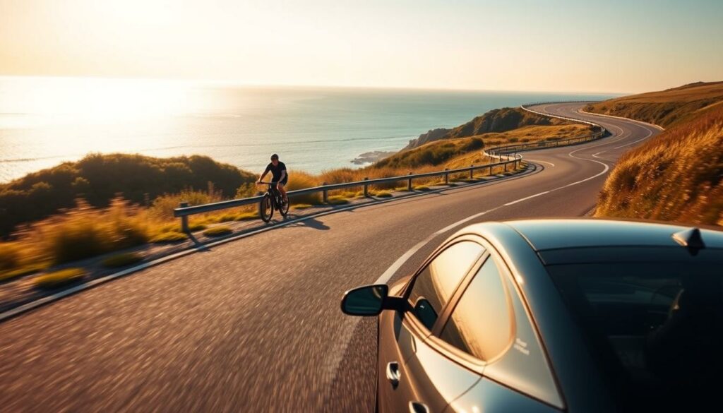 A scenic coastal road winds through the picturesque landscape of Cuxhaven, with a car and bicycle traveling in harmony. In the foreground, the car navigates the winding road, its sleek design and gleaming exterior complementing the natural surroundings. In the middle ground, a cyclist pedals effortlessly, enjoying the fresh sea breeze and the tranquility of the scene. The background is dominated by the majestic Elbe River, its waters glistening in the warm afternoon sunlight, and the distant silhouette of the North Sea horizon. The overall mood is one of tranquility and adventure, capturing the essence of the "Anreise und Mobilität vor Ort" experience in Cuxhaven.