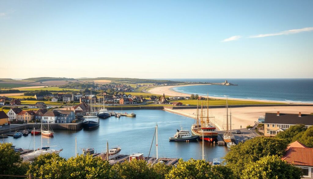 A scenic coastal town nestled in the heart of Dithmarschen, Büsum serves as the perfect gateway to explore the natural wonders of the surrounding region. Capture the essence of this picturesque area with an image showcasing the diverse Ausflugsziele, or day trip destinations, found in the vicinity. In the foreground, depict the charming harbor of Büsum, with its colorful fishing boats and bustling activity. In the middle ground, showcase the lush, rolling hills and vast meadows that characterize the Dithmarschen landscape, dotted with quaint villages and historic landmarks. In the background, paint a breathtaking panorama of the North Sea, its waves gently lapping against the sandy beaches. Utilize warm, golden lighting to evoke a sense of tranquility and relaxation, as if captured on a pleasant summer day. Employ a wide-angle lens to capture the expansive scenery, emphasizing the harmony between the land, sea, and the people who call this place home.