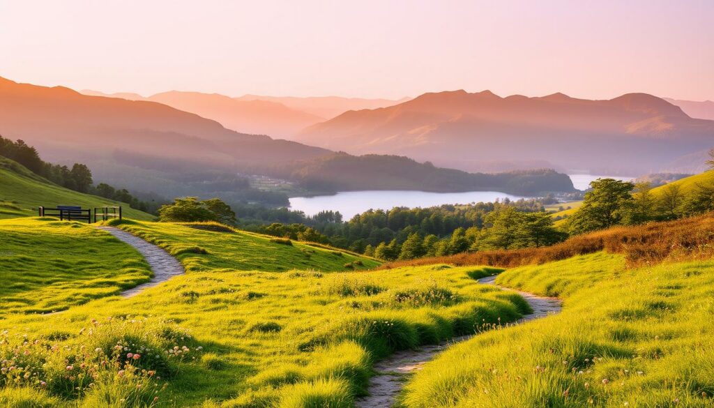 A scenic landscape in the heart of the Lake District, England. In the foreground, a winding path leads through a lush, verdant meadow dotted with wildflowers. In the middle ground, a serene lake reflects the surrounding hills and forests, bathed in the warm glow of golden hour lighting. The background features the iconic rolling hills and rugged mountain peaks characteristic of the Lake District, shrouded in a soft, atmospheric haze. The overall mood is one of tranquility and natural beauty, inviting the viewer to explore this picturesque region.
