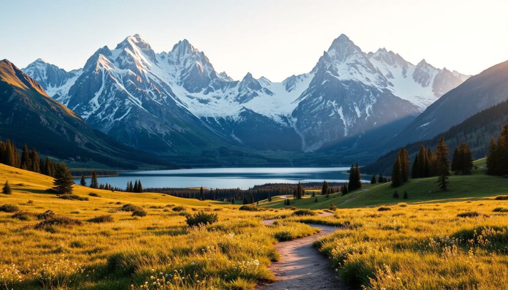 A scenic landscape of the Grand Teton National Park in Wyoming, with the majestic snow-capped mountains in the background. In the foreground, a winding trail leads through lush meadows filled with wildflowers, inviting hikers to explore the park. The middle ground features a tranquil alpine lake, its surface reflecting the towering peaks. The lighting is soft and golden, creating a warm, inviting atmosphere. The image conveys a sense of adventure and the natural beauty of this stunning wilderness area, perfectly capturing the essence of the "Praktische Reisetipps" section of the article.